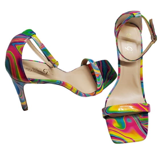 Rouge Helium Shoes - Rouge Helium Groovy Patent Neon Multicolor Square Toe Sandals Heels Sz 10